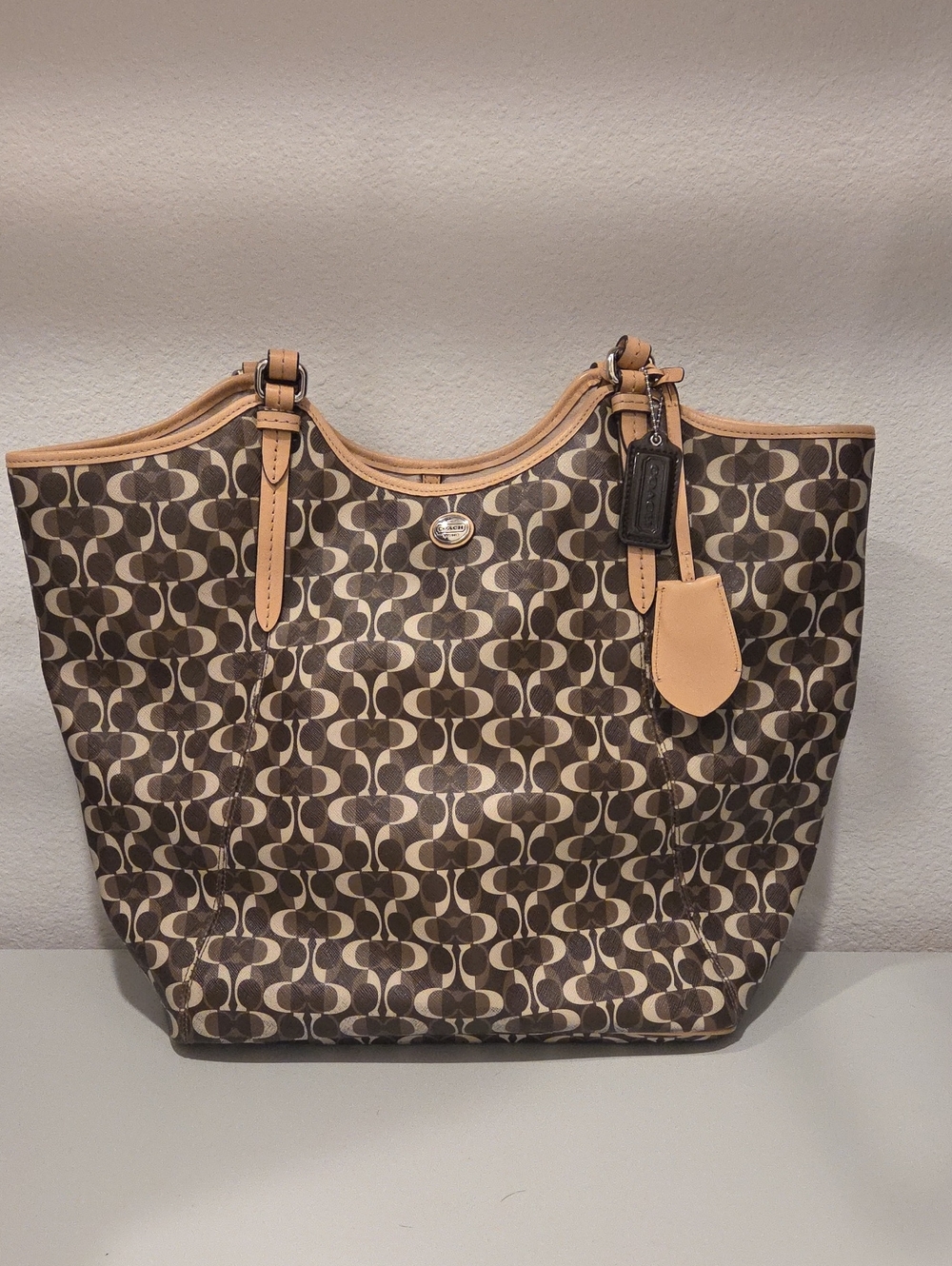 Coach Brown Signature XL Canvas Tote with Tan Leather Trim
